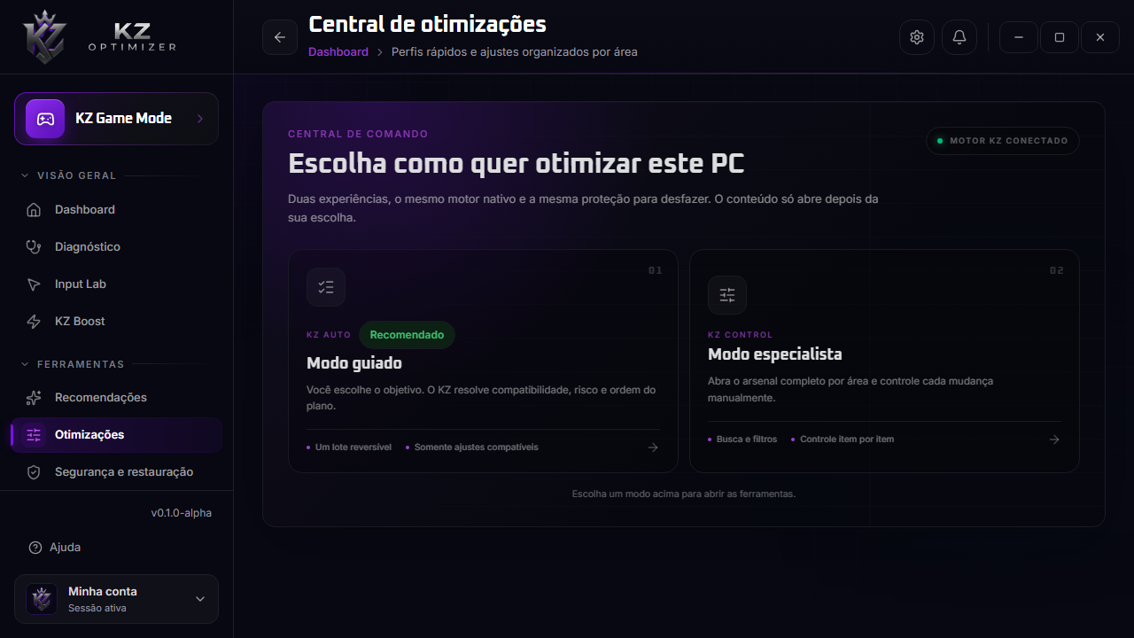Central de otimizações atual do KZ Optimizer